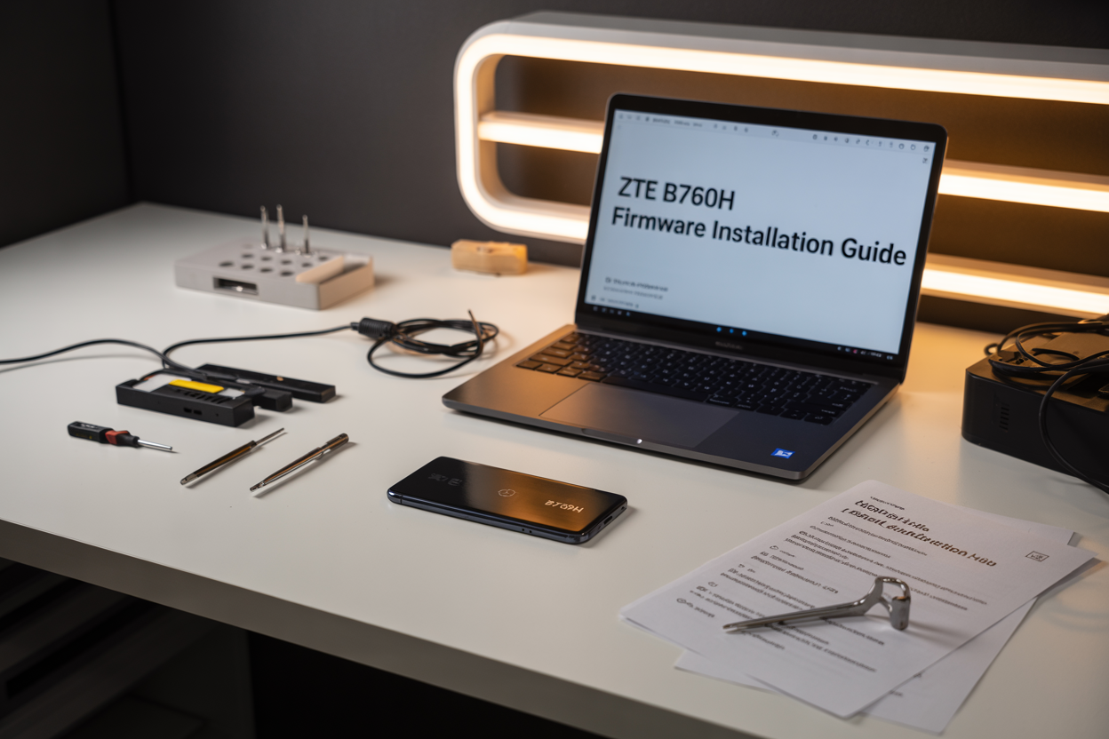 Create a realistic image of a ZTE B760H smartphone lying on a clean white desk surface next to an open laptop computer displaying firmware installation software on the screen, with USB cables, a smartphone repair toolkit with small screwdrivers, and a printed installation guide document spread around the workspace, featuring warm LED desk lighting from above, and include the text "ZTE B760H Firmware Installation Guide" prominently displayed on the laptop screen or as an overlay on the image.