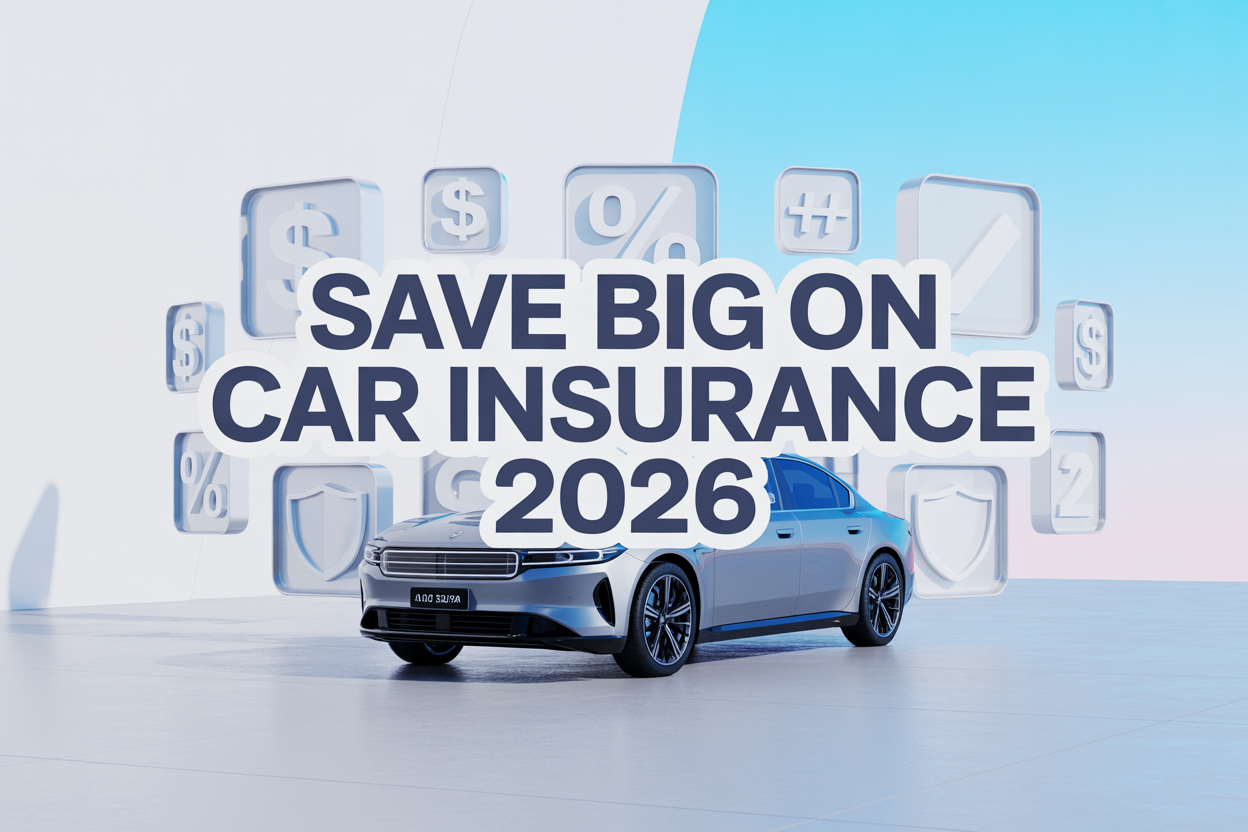 Create a realistic image of a modern car insurance concept featuring a sleek silver sedan positioned prominently in the center, surrounded by floating translucent icons representing savings elements like dollar signs, percentage symbols, discount tags, and shield protection symbols, with a clean white to light blue gradient background, soft professional lighting, and bold text overlay reading "SAVE BIG ON CAR INSURANCE 2026" in dark blue letters, conveying a trustworthy and money-saving atmosphere with a contemporary digital marketing aesthetic.