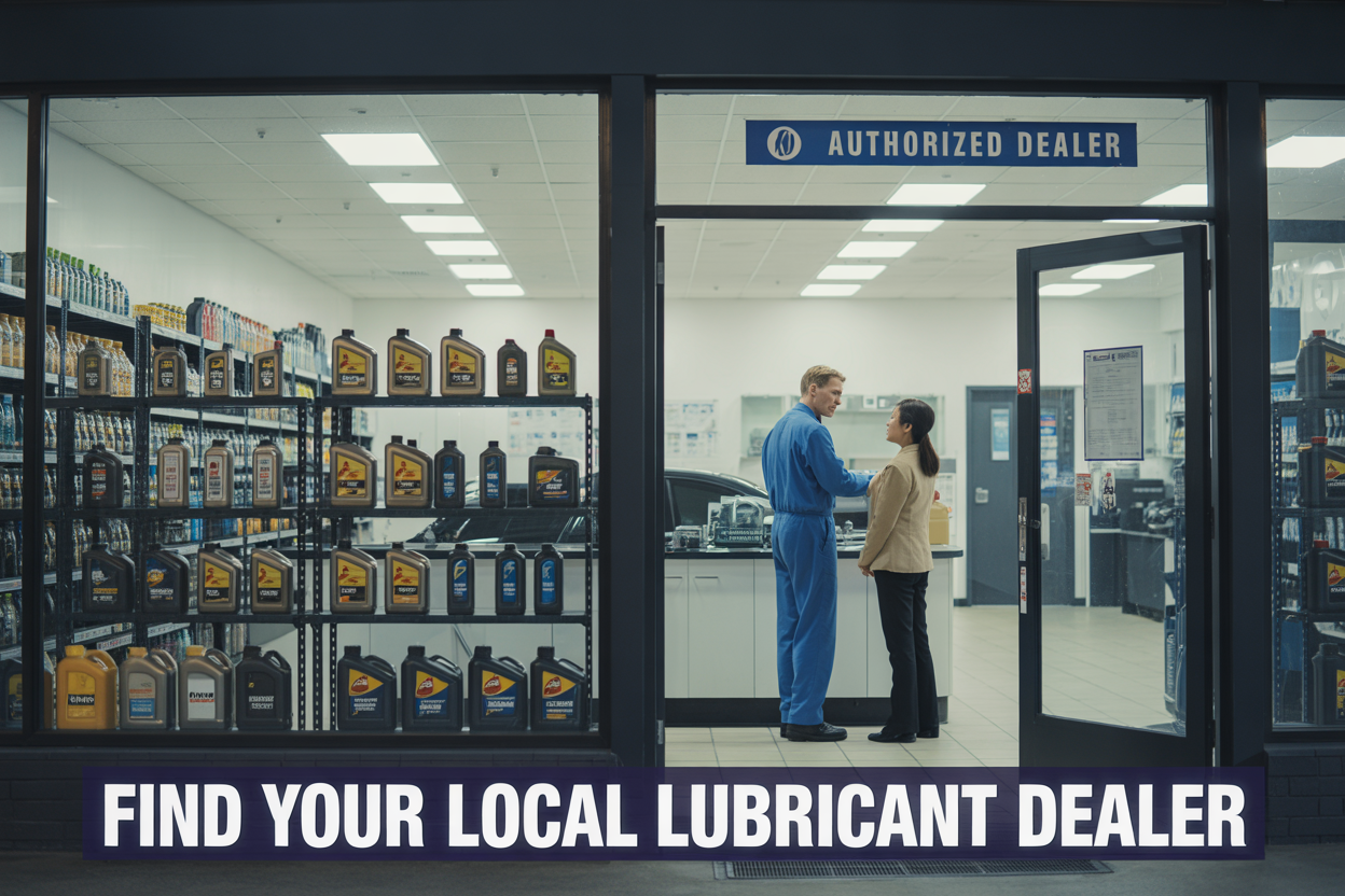 Where Can You Find a Dealer for Major Petroleum Brand Lubricants Near You? 1 1 Create a realistic image of a modern automotive service center storefront with large glass windows displaying various motor oil bottles and lubricant containers from major petroleum brands on shelves inside, a professional white male technician in blue coveralls consulting with an Asian female customer near the counter, bright fluorescent lighting illuminating the clean interior, a "AUTHORIZED DEALER" sign prominently displayed on the front window, and the text "Find Your Local Lubricant Dealer" overlaid in bold blue letters at the bottom of the image.
