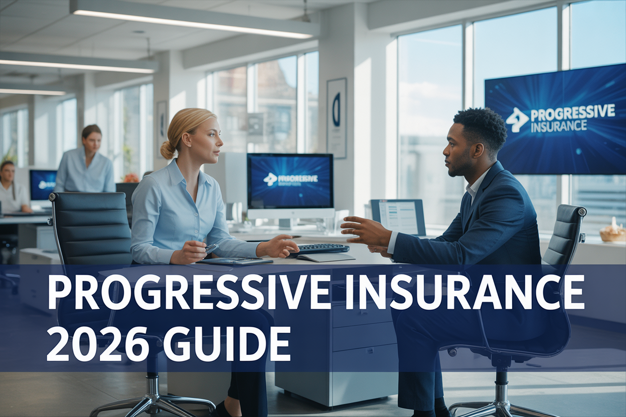 Create a realistic image of a modern office setting with a diverse group of professionals - a white female insurance agent in business attire discussing coverage options with a mixed-race male client at a sleek desk, with Progressive Insurance branding subtly visible on wall displays and computer screens, bright natural lighting from large windows, clean contemporary interior design with blue and white color scheme, and the text "Progressive Insurance 2026 Guide" prominently displayed as an overlay banner across the bottom of the image.