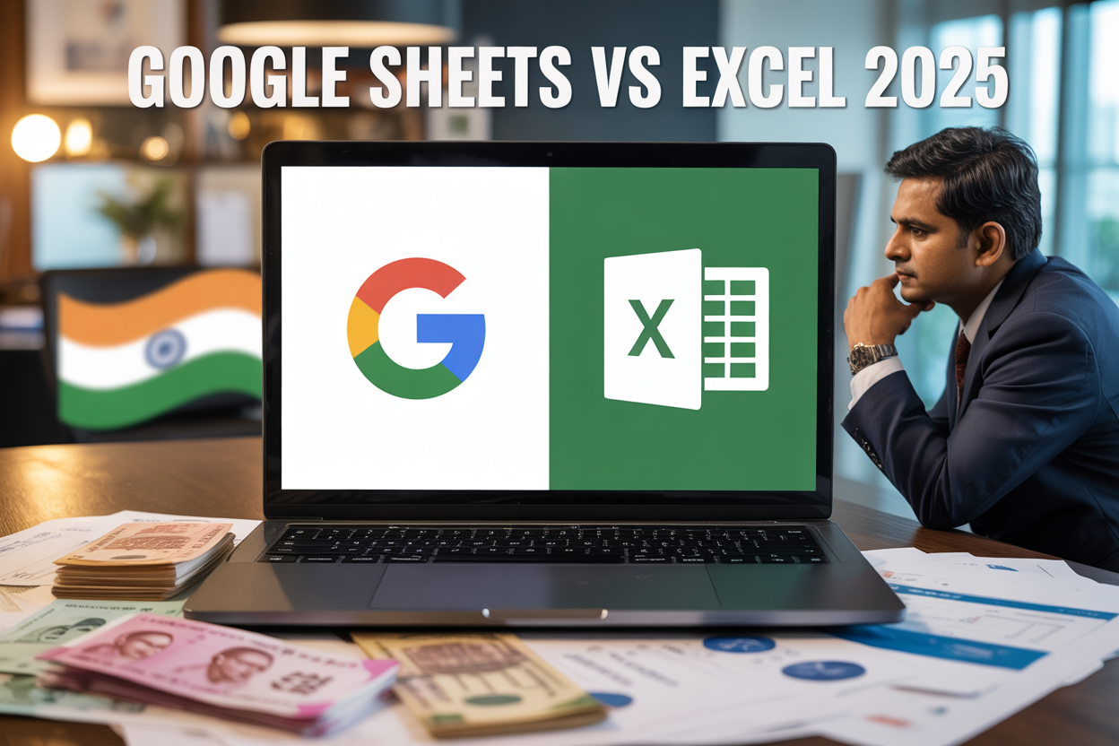 Create a realistic image of a split-screen comparison showing Google Sheets logo on the left side and Microsoft Excel logo on the right side, with a modern laptop displaying both applications side by side, surrounded by Indian rupee currency notes and financial documents, with a subtle Indian flag colors accent in the background, featuring an Indian male finance professional in business attire looking at the screen, with the text "Google Sheets vs Excel 2025" prominently displayed at the top, set in a contemporary office environment with warm professional lighting.