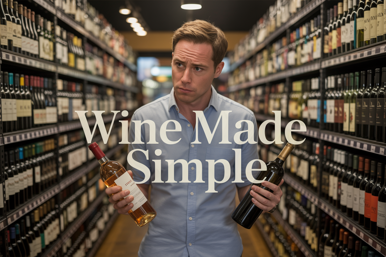 Create a realistic image of a confused white male in his 30s standing in a wine shop aisle surrounded by tall shelves filled with colorful wine bottles, holding two different wine bottles in his hands with a puzzled expression, warm ambient lighting from overhead fixtures, with the text "Wine Made Simple" prominently displayed in elegant serif font overlay, background shows blurred rows of wine bottles creating depth, scene conveys approachable learning atmosphere for wine beginners.