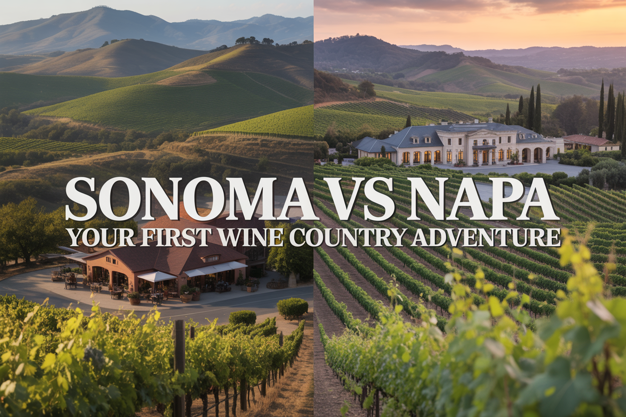 Create a realistic image of a split-screen comparison showing Sonoma wine region on the left with rolling green hills, rustic wineries, and casual outdoor tasting areas, and Napa Valley on the right with manicured vineyards, elegant château-style wineries, and upscale tasting rooms, both sides featuring lush grapevines in golden afternoon sunlight, with the text "Sonoma vs Napa: Your First Wine Country Adventure" prominently displayed across the center in elegant white lettering with a subtle shadow effect.