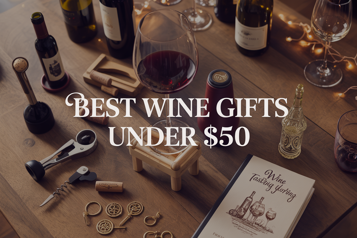 Best Wine Gifts Under $50 (2026 Guide) Create a realistic image of an elegant flat lay arrangement featuring various wine gifts under $50 including a wine aerator, wine stopper, sommelier corkscrew, wine glass charms, a small wooden wine rack, wine preservation pump, and a wine tasting journal, all artfully arranged on a rustic wooden table with warm ambient lighting, with the text "Best Wine Gifts Under $50" overlaid in elegant serif font, surrounded by soft shadows and a few wine bottles partially visible in the background.