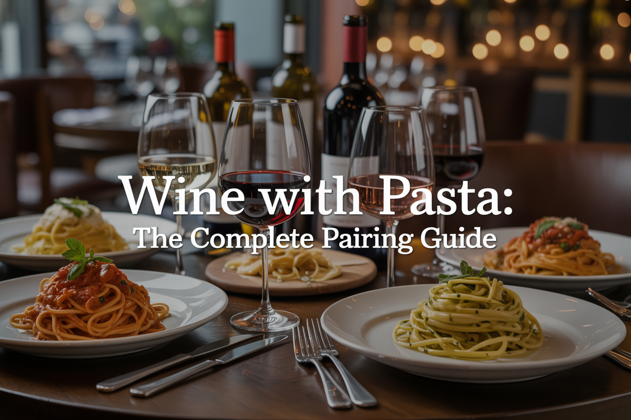 Create a realistic image of an elegant dining table setting featuring multiple plates of different pasta dishes (spaghetti with tomato sauce, creamy fettuccine, and herb-tossed linguine) paired with various wine glasses containing red, white, and rosé wines, with wine bottles visible in the background, warm ambient lighting creating a cozy restaurant atmosphere, and the text "Wine with Pasta: The Complete Pairing Guide" elegantly overlaid on the image.