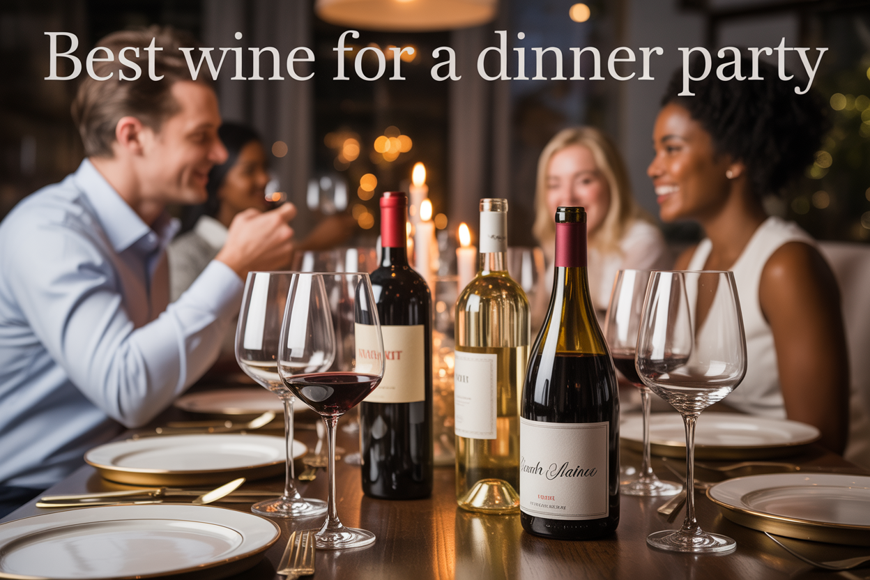 Create a realistic image of an elegant dinner party table setting with multiple wine bottles (red and white wine) arranged alongside wine glasses, fine dining plates, and silverware on a dark wooden table, featuring diverse dinner party guests including a white male and black female in the background having conversation, warm ambient lighting from candles and soft overhead lighting creating an inviting atmosphere, with the text "Best Wine for a Dinner Party" overlaid in elegant serif font at the top of the image.