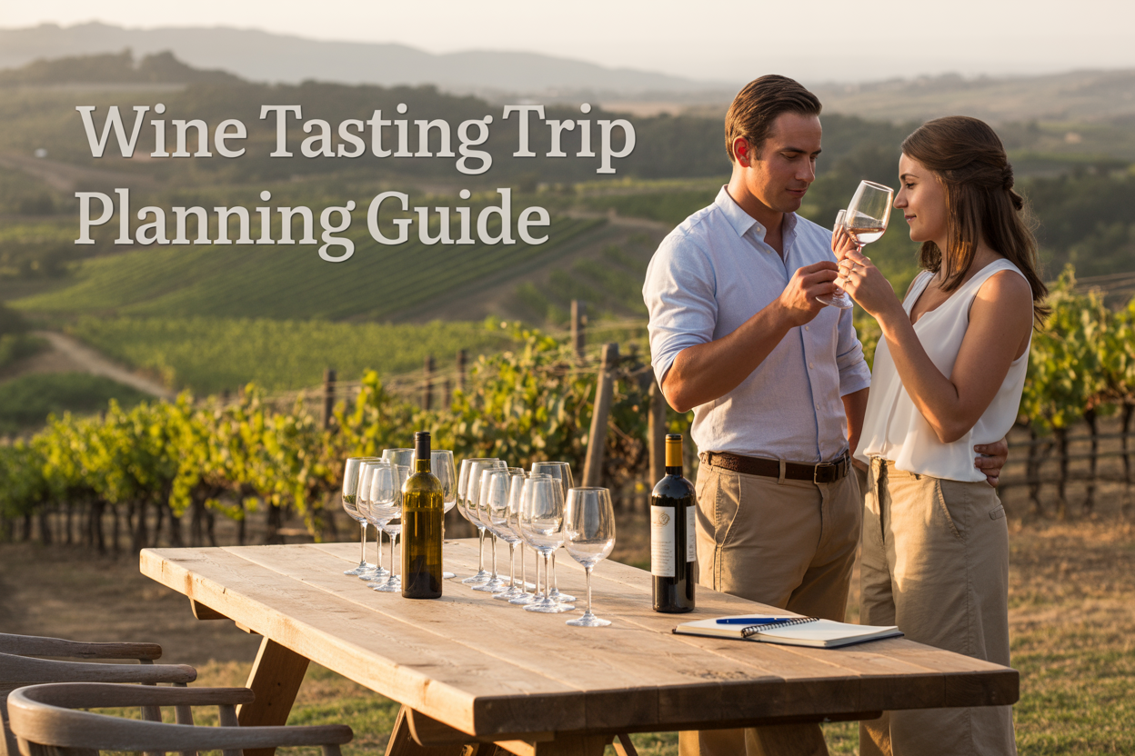 Create a realistic image of a scenic vineyard landscape with rolling hills covered in grapevines, a rustic wooden wine tasting table in the foreground with wine glasses, wine bottles, and a notebook with pen suggesting planning, a white male and white female couple in casual elegant attire examining a wine glass together, warm golden hour lighting creating a romantic atmosphere, with the text "Wine Tasting Trip Planning Guide" elegantly overlaid in the upper portion of the image.