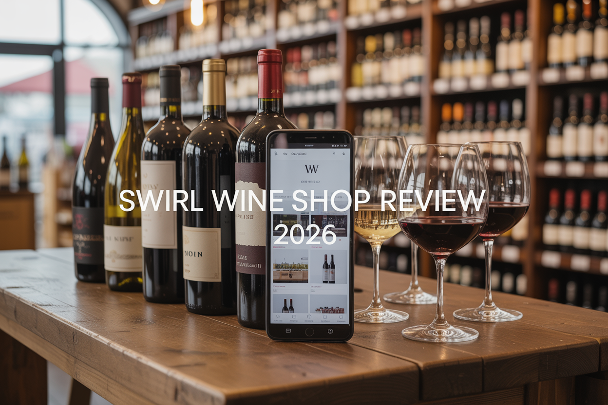 Create a realistic image of an elegant wine shop display featuring multiple wine bottles arranged on a rustic wooden table, with wine glasses partially filled with red and white wine, a smartphone showing a clean e-commerce website interface in the background, warm ambient lighting creating a cozy atmosphere, and overlay text reading "Swirl Wine Shop Review 2026" in modern sans-serif font, with the scene set against a blurred background of wine shelves to emphasize the premium wine shopping experience.