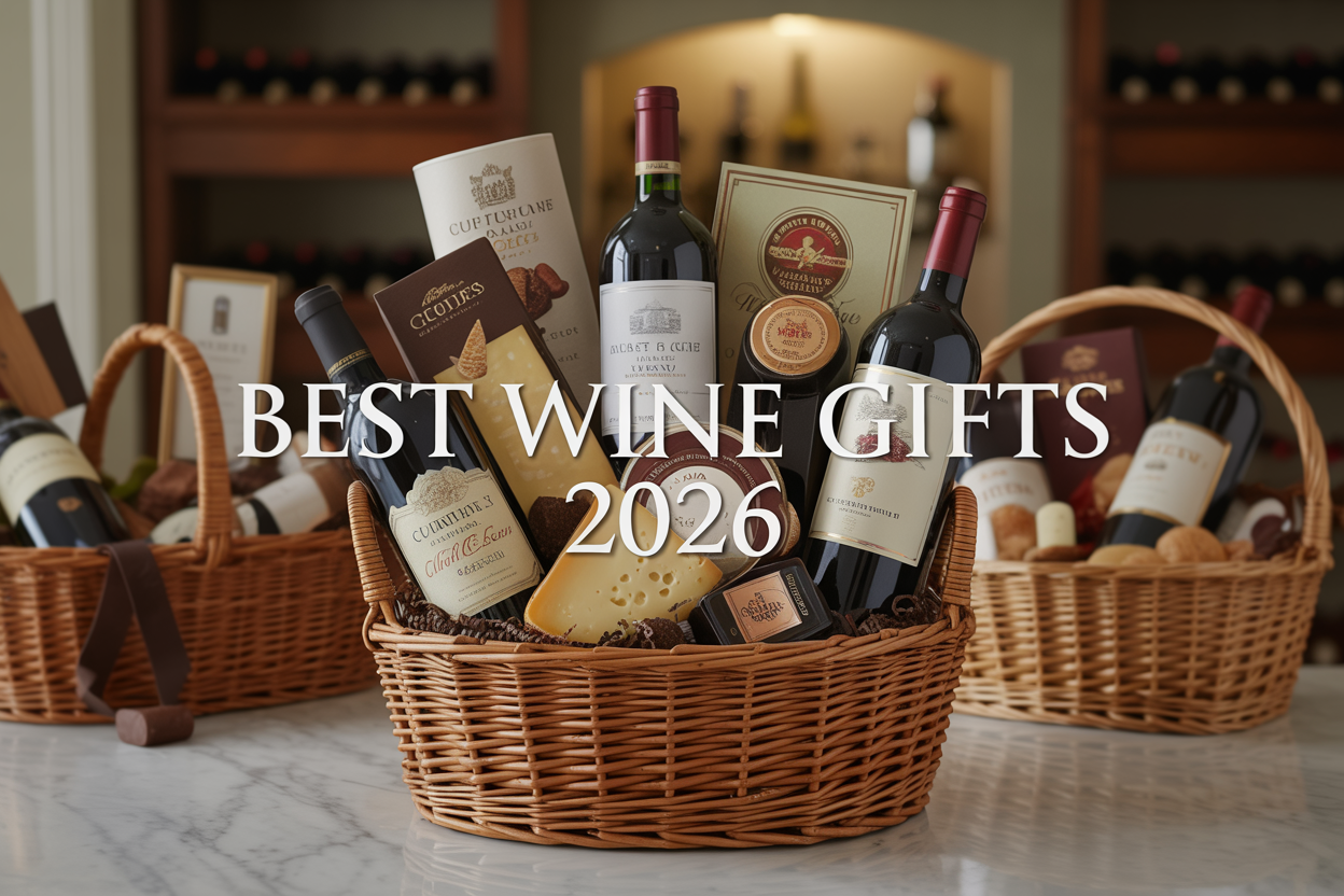 Gourmet Gift Baskets Review (2026): The Best Wine Gifts for Every Occasion? Create a realistic image of an elegant wine gift basket as the central focus, featuring premium wine bottles with visible labels, artisanal cheeses, gourmet crackers, and chocolates arranged in a wicker basket, surrounded by 2-3 additional luxury gift baskets in soft focus, set on a marble countertop against a warm, softly lit background with subtle wine cellar ambiance, including the text "Best Wine Gifts 2026" in elegant serif font overlay, with professional product photography lighting that highlights the premium quality and sophistication of the gourmet items.