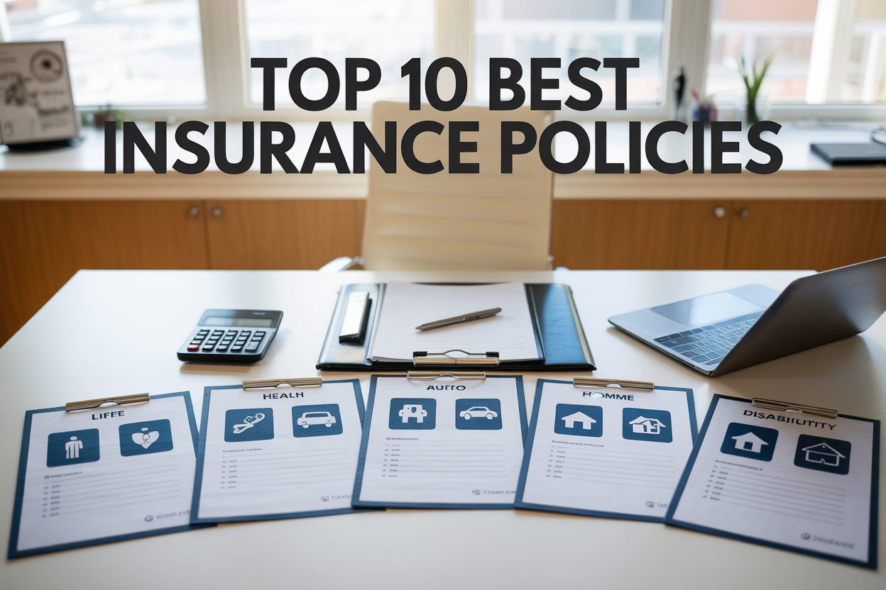 Create a realistic image of a modern office desk setup with five insurance policy documents spread out on a clean white surface, showing icons for life, health, auto, home, and disability insurance, with a professional calculator, pen, and laptop partially visible, warm natural lighting from a window, and the text "TOP 10 BEST INSURANCE POLICIES" prominently displayed at the top in bold, professional font.