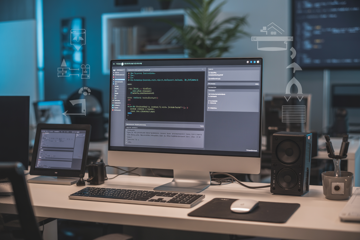 Create a realistic image of a modern office workspace showing a computer monitor displaying a CI/CD pipeline dashboard with Node.js project structure, development tools and configuration files visible on screen, a keyboard and mouse on a clean desk, with additional elements like server icons, deployment arrows, and workflow diagrams subtly integrated into the background, professional lighting creating a focused coding environment, absolutely NO text should be in the scene.