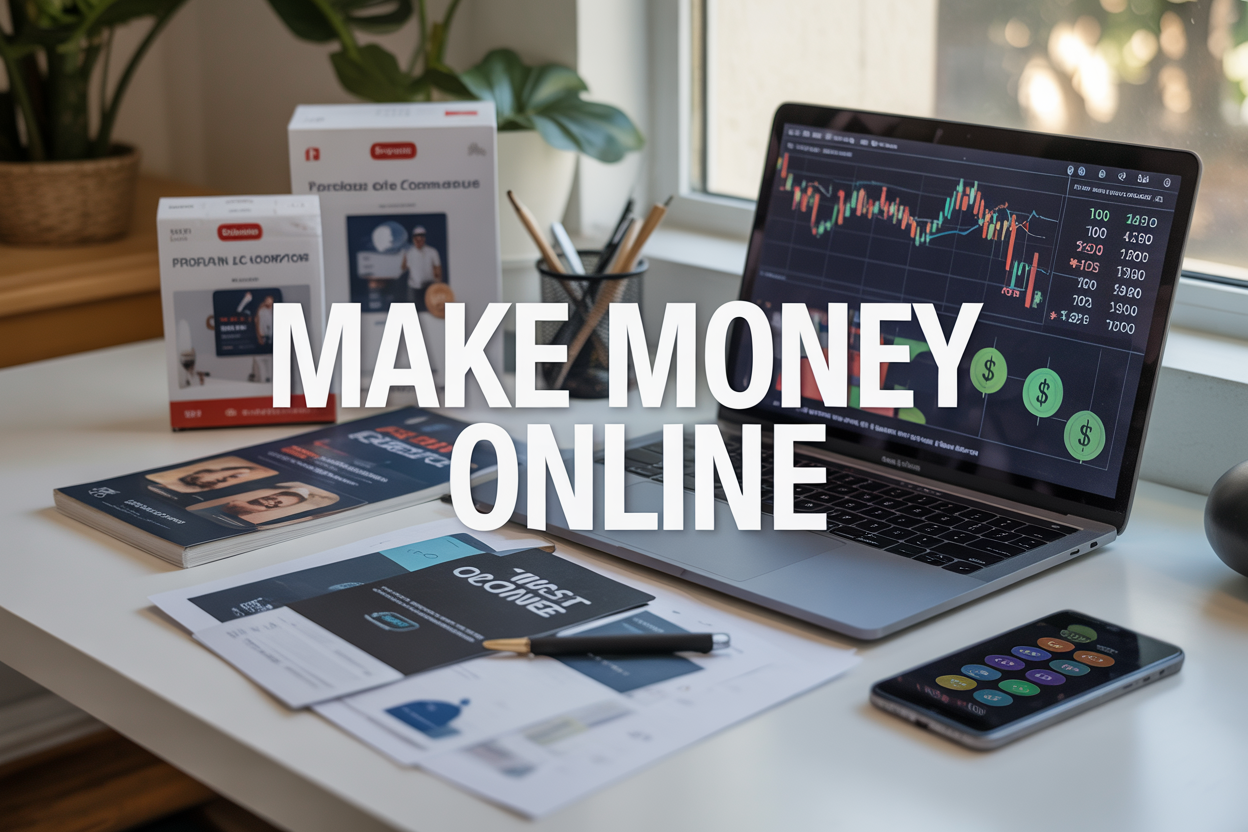 Create a realistic image of a modern home office setup with a laptop displaying financial charts and dollar signs on the screen, a smartphone showing social media notifications, product packages for e-commerce, digital course materials scattered on a clean white desk, with soft natural lighting from a window, and the text "MAKE MONEY ONLINE" prominently displayed in bold, professional font overlaying the scene, conveying an entrepreneurial and success-oriented mood.