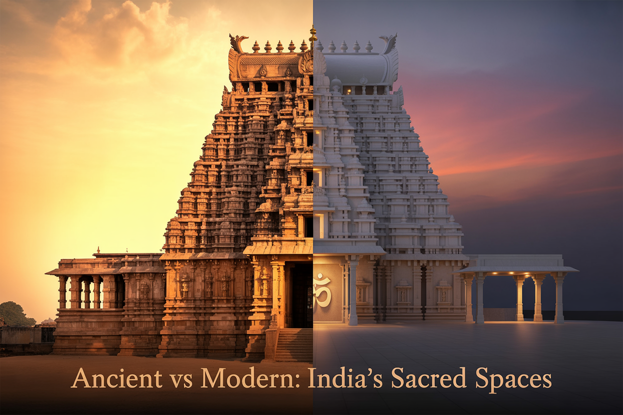 Create a realistic image of a striking split-screen composition showing two Hindu temples side by side — on the left, an ancient intricately carved stone temple with towering gopuram covered in detailed sculptures and weathered textures bathed in warm golden sunlight, and on the right, a sleek modern Hindu temple with clean contemporary architecture featuring minimalist white marble and soft ambient lighting, both images seamlessly blended at the center where a faint sacred Om symbol glows, set against a dramatic dusk sky with deep orange and purple hues, with the on-image text "Ancient vs Modern: India's Sacred Spaces" elegantly displayed at the bottom in golden serif font.