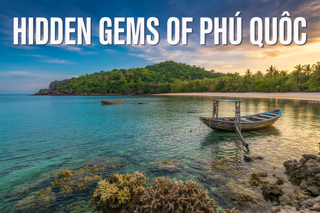 Create a realistic image of a stunning panoramic view of Phu Quoc island featuring a pristine secluded beach with crystal-clear turquoise water, lush green tropical jungle in the background, a traditional Vietnamese wooden fishing boat near the shore, vibrant colorful coral visible beneath the shallow water, and warm golden sunlight casting a magical glow over the entire scene, with bold white text overlay reading "Hidden Gems of Phu Quoc" positioned at the top of the image in an elegant font.