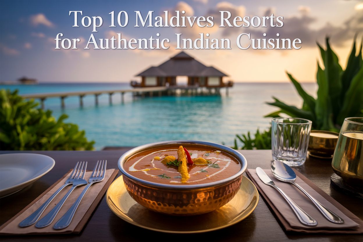 Create a realistic image of an elegantly plated authentic Indian curry dish with vibrant saffron and turmeric colors, garnished with fresh herbs, served in a traditional copper bowl placed on a beautifully set dining table with a breathtaking overwater bungalow and turquoise Maldivian ocean in the background, warm golden sunset lighting casting a luxurious glow over the scene, with lush tropical greenery framing the sides, the overall mood being exotic, luxurious, and appetizing, with the on-image text "Top 10 Maldives Resorts for Authentic Indian Cuisine" elegantly displayed in white serif font at the top of the image.