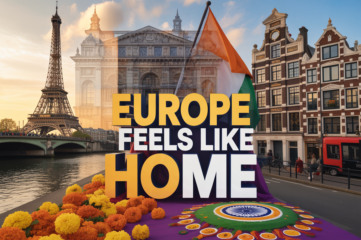 Create a realistic image of a vibrant collage-style scene featuring iconic European landmarks such as the Eiffel Tower, Amsterdam canals, and a British cityscape subtly blended together in the background, with warm golden lighting evoking a sense of familiarity and comfort, complemented by colorful Indian cultural elements like marigold flowers, traditional rangoli patterns, and a small Indian flag seamlessly integrated into the scene, creating a harmonious fusion of Indian and European aesthetics, with the bold on-image text "Europe Feels Like Home" displayed in warm saffron and white tones in the foreground.