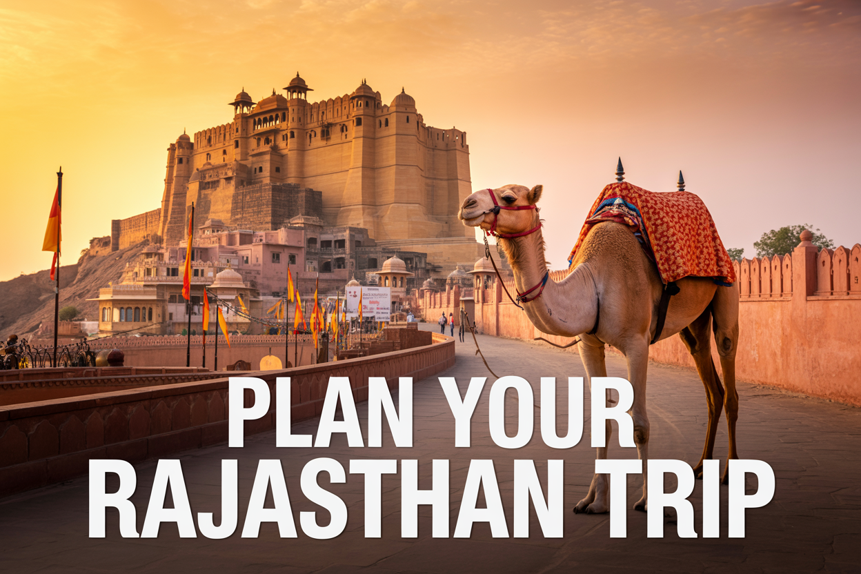 image of a breathtaking panoramic view of Rajasthan, India, featuring an iconic golden sandstone fort rising majestically against a warm sunset sky with hues of orange and amber, a decorated camel in the foreground on a dusty desert path, colorful traditional Rajasthani flags and architecture visible in the mid-ground, the overall mood is adventurous and culturally rich, with warm golden-hour lighting casting a glowing atmosphere across the scene, and bold white text overlay reading "Plan Your Rajasthan Trip" displayed prominently at the bottom of the image in an elegant font.