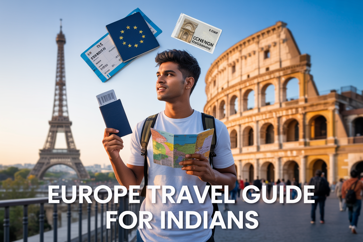 realistic image of a young Indian male traveler standing confidently in front of a iconic European landmark such as the Eiffel Tower or Colosseum, holding a passport and a travel map, with a backpack on his shoulders, surrounded by subtle complementary elements like a flight ticket, Euro currency, and a small Schengen visa stamp, set against a bright and vibrant European cityscape background with warm golden hour lighting, conveying a sense of excitement and adventure, with bold white text overlay reading "Europe Travel Guide for Indians" placed at the bottom of the image.