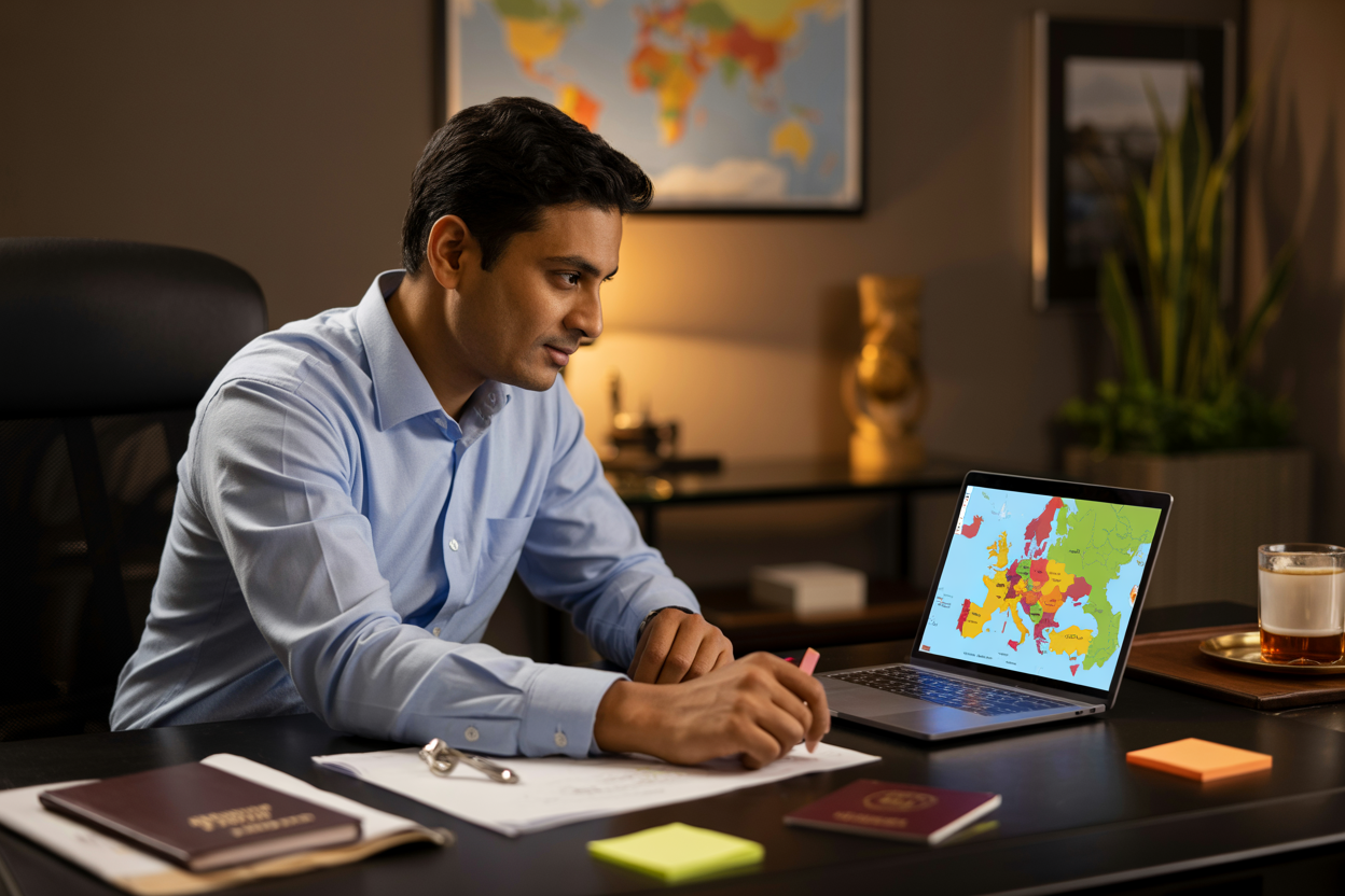 realistic image of an Indian male sitting at a well-organized desk with a laptop open showing a map of Europe, surrounded by a travel guidebook, passport, and sticky notes, with a warm and focused indoor lighting atmosphere that conveys careful trip planning, the background featuring a subtle world map on the wall and a cup of tea nearby, evoking a sense of excitement and preparation for an upcoming European adventure. Absolutely NO text should be in the scene.