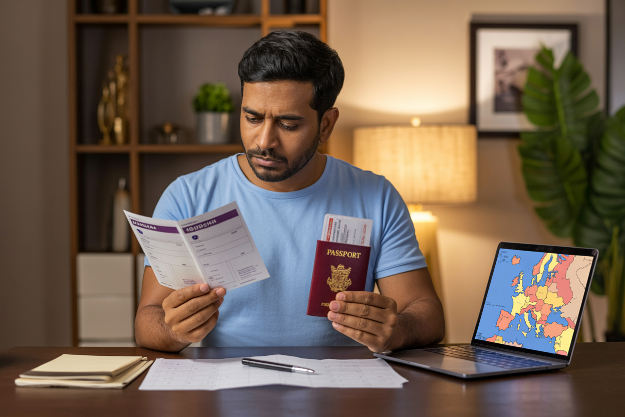 realistic image of an Indian male sitting at a desk, carefully reviewing a European Schengen visa document and a passport, with a laptop open showing a map of Europe, a pen in hand, and a travel itinerary spread on the desk, set in a well-lit home or office environment with warm, focused lighting that conveys careful planning and preparation, Absolutely NO text should be in the scene.