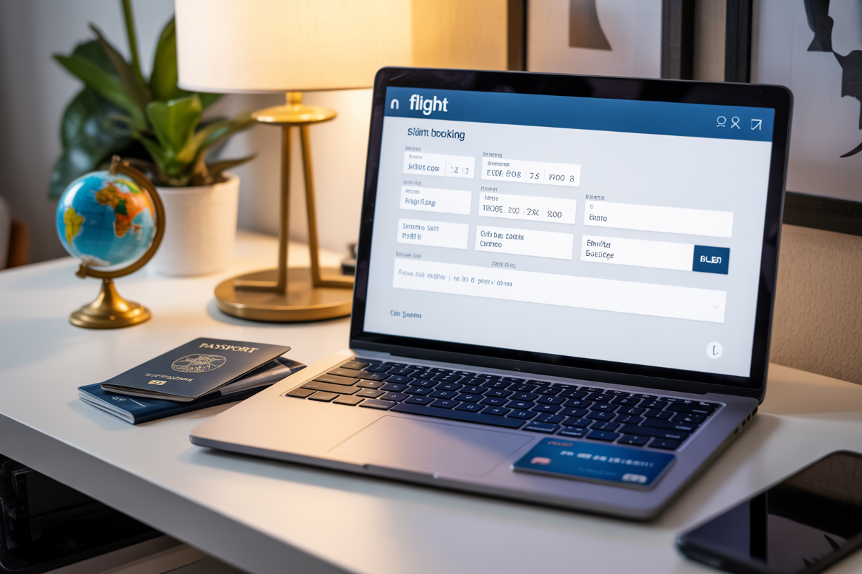 realistic image of a laptop screen displaying a flight booking website with search fields showing routes from India to Europe, placed on a clean desk with a passport, a small globe, and a credit card nearby, warm ambient lighting creating a focused and organized atmosphere, suggesting smart travel planning, Absolutely NO text should be in the scene.