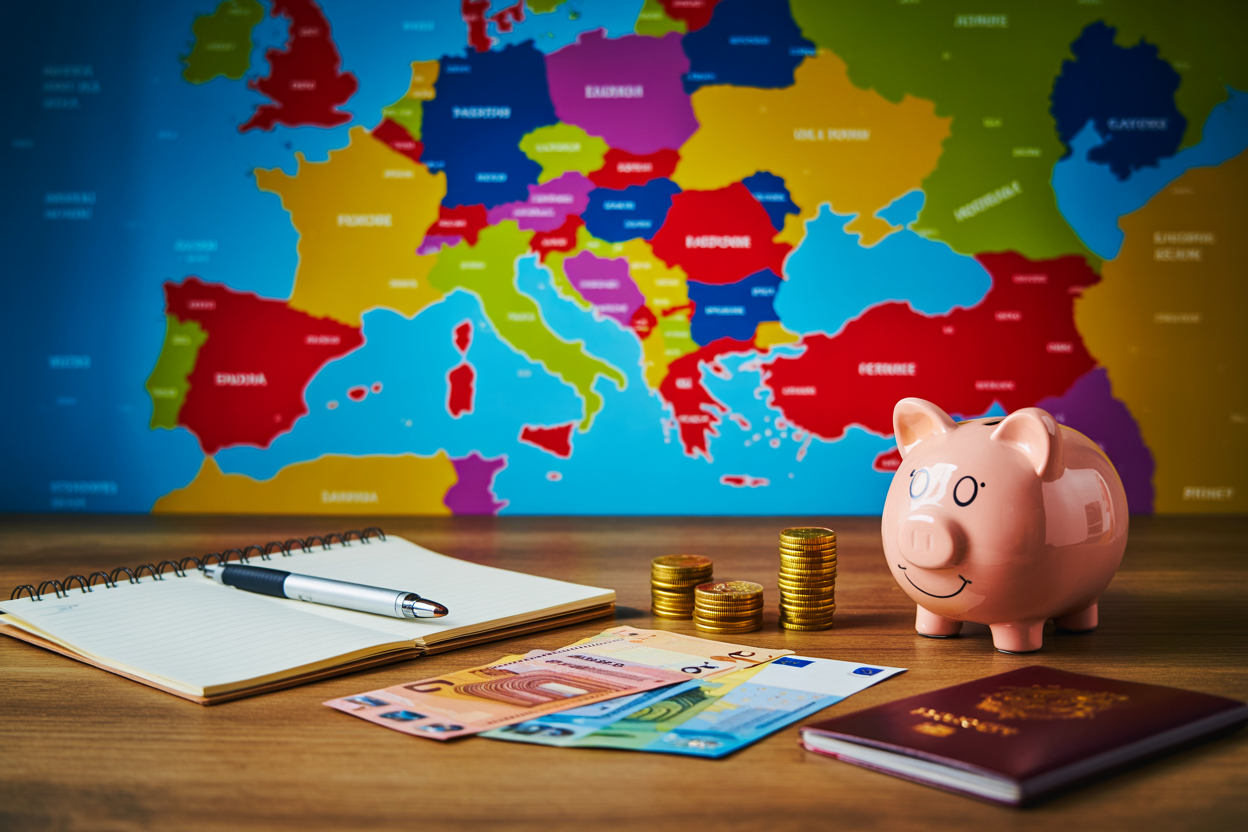 realistic image of a travel planning workspace featuring a notebook, a pen, euro currency notes and coins, a small piggy bank, and a passport placed on a wooden desk, with a blurred map of Europe in the background, warm and focused lighting creating an organized and thoughtful budgeting atmosphere, Absolutely NO text should be in the scene.