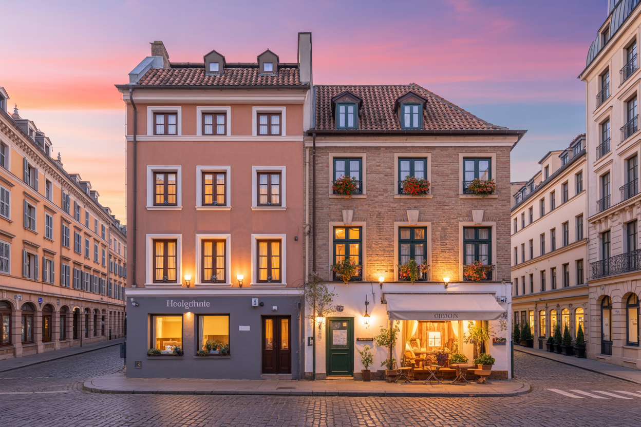 realistic image of a variety of European accommodations displayed in a visually appealing collage-style composition, featuring a charming boutique hotel facade with warm glowing windows, a cozy hostel common area, and a modern apartment building, set against a backdrop of a picturesque European cityscape with cobblestone streets and historic architecture, bathed in warm golden hour lighting that evokes a welcoming and inviting mood. Absolutely NO text should be in the scene.
