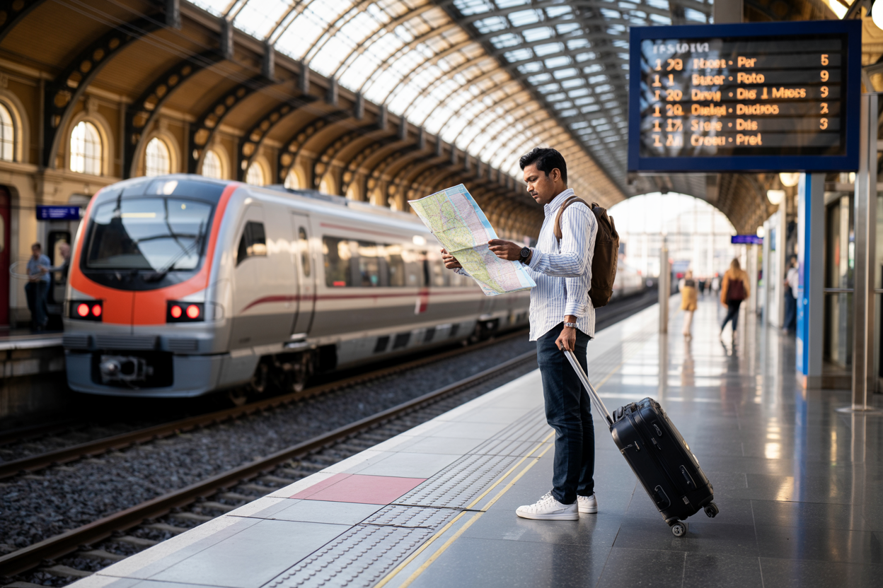 realistic image of a busy European train station platform with a high-speed train stopped alongside, featuring an Indian male traveler pulling a rolling suitcase while checking a transit map, with a large departure board displaying multiple European city destinations in the background, warm natural lighting streaming through the station's glass ceiling, conveying a sense of efficient and budget-friendly travel across Europe. Absolutely NO text should be in the scene.