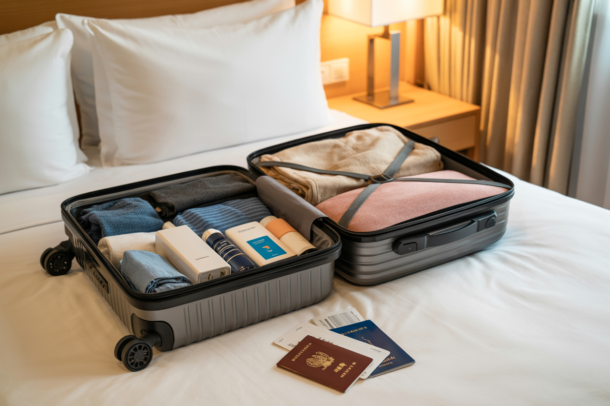 realistic image of a neatly organized open suitcase on a bed, filled with carefully folded clothes, travel-sized toiletries, a universal power adapter, and a compact travel pillow, with a passport and boarding pass placed beside it, set in a clean and well-lit hotel or bedroom environment, conveying a sense of smart and efficient packing for an international trip, with warm and inviting lighting that emphasizes organization and travel readiness. Absolutely NO text should be in the scene.