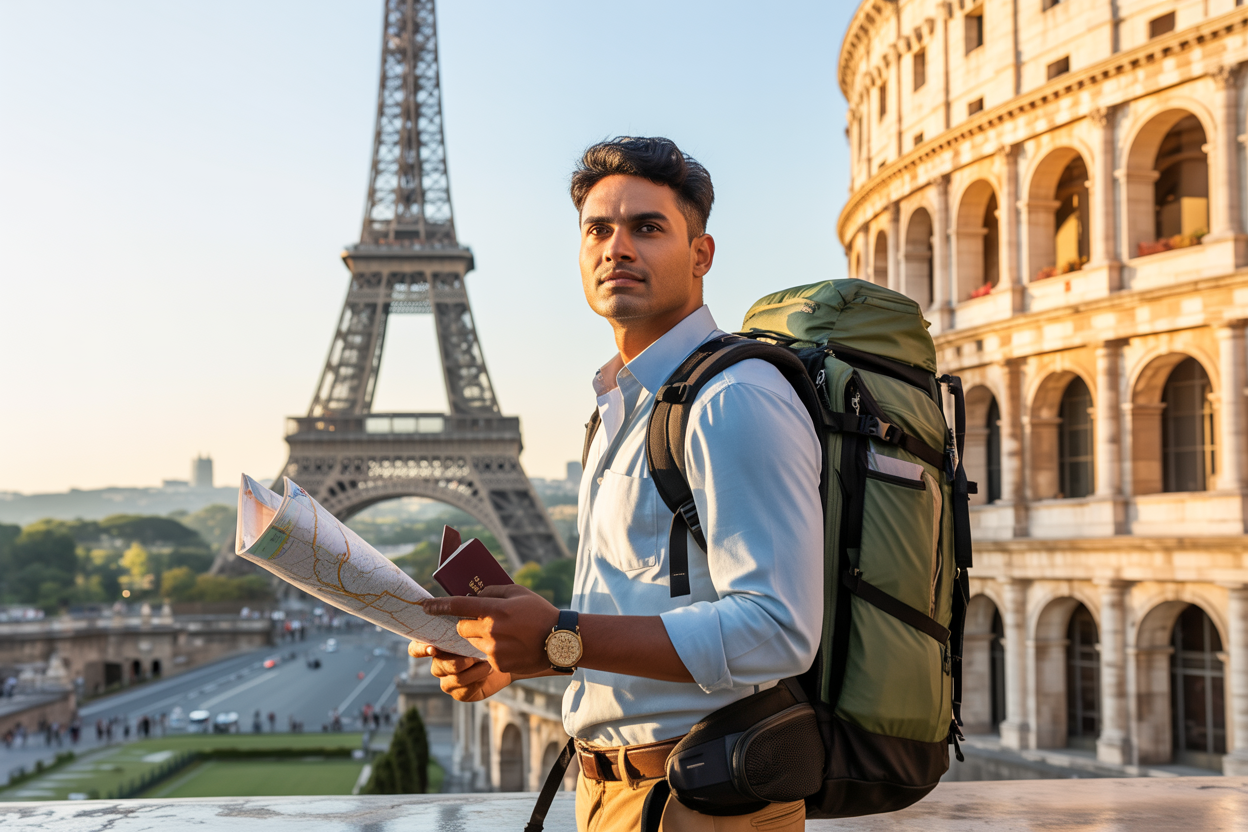 realistic image of an Indian male traveler standing confidently at a iconic European landmark, such as the Eiffel Tower or Colosseum, with a well-organized travel backpack on his back, holding a map and passport, surrounded by a warm golden-hour light, with a sense of accomplishment and adventure in his expression, European architecture and a clear blue sky in the background, conveying a successful and fulfilling travel experience. Absolutely NO text should be in the scene.