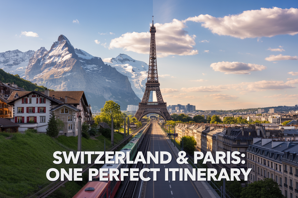 image of a stunning split-scene composition featuring the Swiss Alps with snow-capped mountains and a charming alpine village on the left side, seamlessly blending into the iconic Eiffel Tower with a warm Parisian skyline on the right side, connected by a scenic train passing through the middle, bright and inviting natural lighting with golden hour tones, a sense of adventure and wanderlust filling the scene, and bold white text overlay reading "Switzerland & Paris: One Perfect Itinerary" elegantly placed at the bottom center of the image.