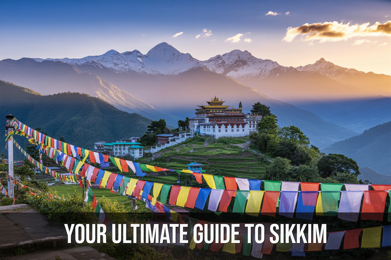 image of a breathtaking panoramic view of Sikkim's landscape featuring snow-capped Himalayan mountains in the background, with lush green terraced hills, a colorful Buddhist monastery perched on a hillside, and vibrant prayer flags strung across the foreground fluttering in the wind, bathed in warm golden hour sunlight that creates a majestic and inviting atmosphere, with the bold text "Your Ultimate Guide to Sikkim" elegantly overlaid in white at the bottom of the image.