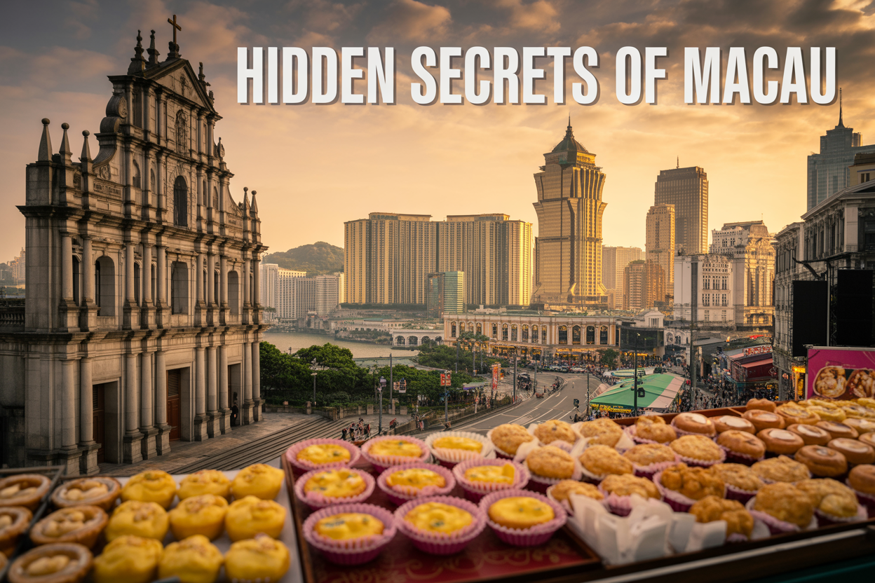 realistic image of a stunning panoramic view of Macau's iconic skyline at golden hour, featuring the historic Ruins of St. Paul's facade in the foreground on the left, contrasted with glittering modern casino resort towers in the background, with a bustling street market stall displaying colorful Macanese egg tarts and pastries in the lower corner, warm amber and golden lighting casting a cinematic glow over the entire scene, the overall mood blending cultural heritage with modern excitement, and bold white text overlay reading "Hidden Secrets of Macau" placed prominently at the top center of the image.