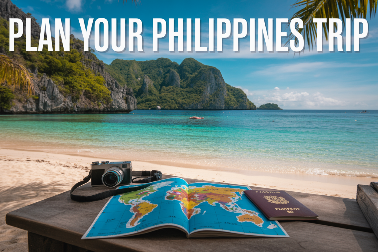 realistic image of a stunning tropical Philippine beach scene featuring crystal-clear turquoise waters, white sandy shores, and lush green limestone cliffs in the background, with a open travel map, a passport, and a camera placed on a wooden surface in the foreground, bathed in warm golden sunlight that evokes a sense of adventure and wanderlust, with the bold text overlay "Plan Your Philippines Trip" displayed in clean white modern typography at the top of the image.