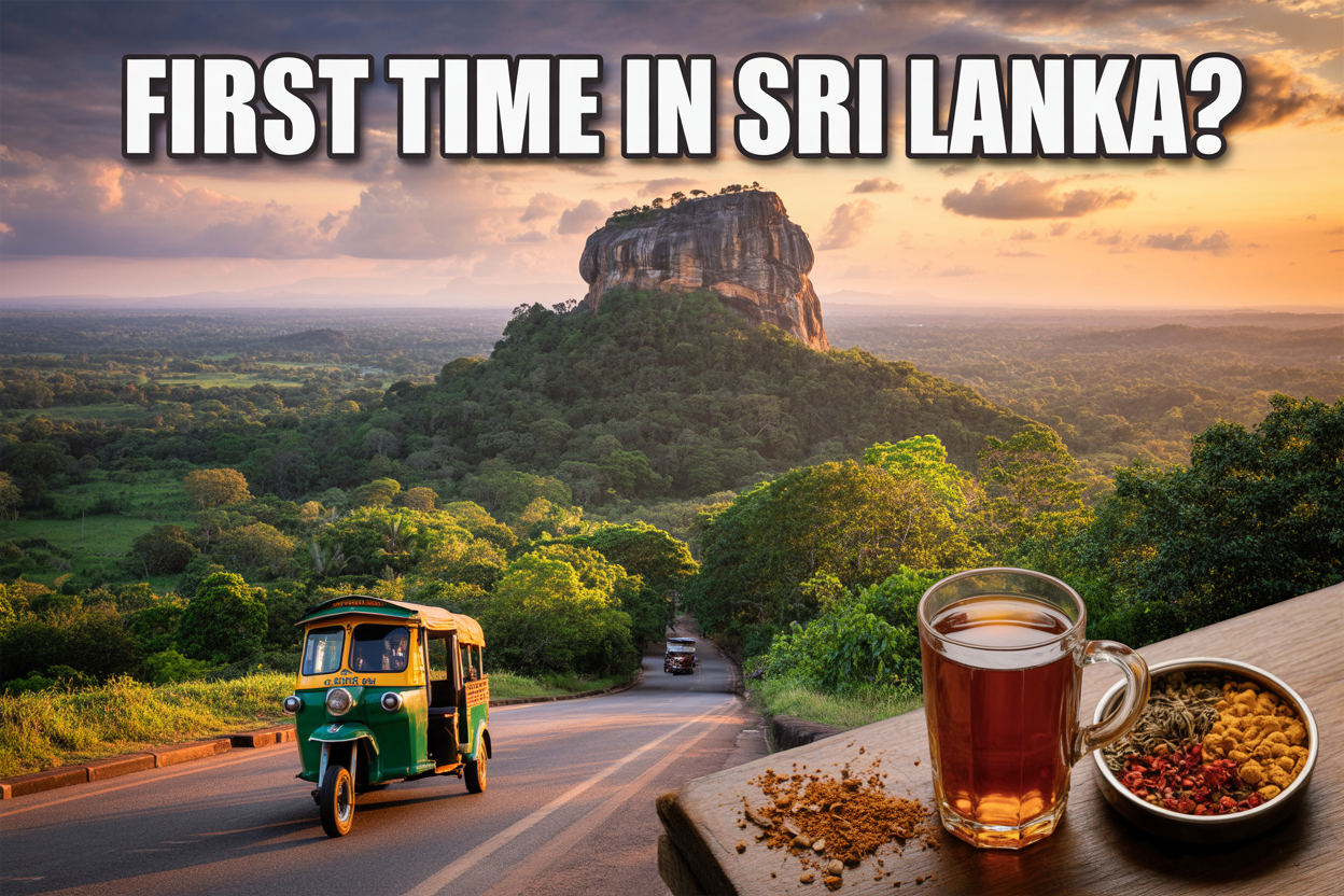 realistic image of a breathtaking Sri Lankan landscape featuring the iconic Sigiriya Rock Fortress rising dramatically in the background surrounded by lush green jungle, with a traditional tuk-tuk on a scenic road in the foreground, warm golden hour lighting casting a rich glow over the scene, a steaming cup of Ceylon tea and a small bowl of colorful Sri Lankan spices placed on a wooden surface in the corner, vibrant and inviting mood evoking adventure and cultural richness, with bold white text overlay reading "First Time in Sri Lanka?" positioned at the top of the image.