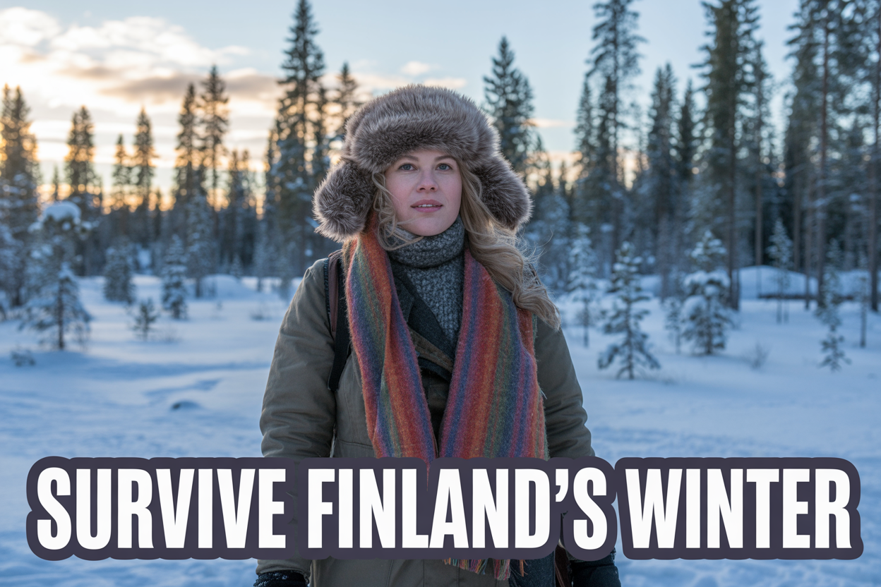 realistic image of a white female traveler dressed in thick, colorful winter layers including a heavy coat, wool scarf, and fur-lined hat, standing in a snowy Finnish forest landscape with tall snow-covered pine trees in the background, golden hour lighting casting a warm glow against the cold blue-white snow, the scene evoking a sense of adventure and resilience in extreme winter conditions, with bold white text overlay reading "Survive Finland's Winter" positioned at the bottom of the image.