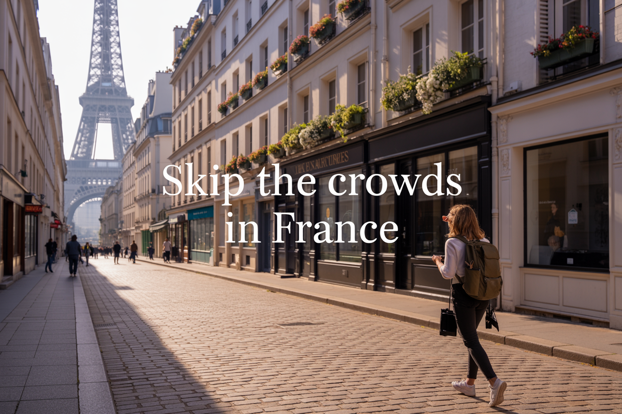 realistic image of a serene, uncrowded Parisian street in the early morning golden hour, featuring the Eiffel Tower visible in the soft misty background, with a charming cobblestone foreground lined with blooming flower boxes on classic Haussmann-style building windows, a single white female traveler with a backpack and camera casually strolling and looking relaxed, warm golden light casting long shadows across the quiet street, an overall mood of peaceful discovery and smart travel, with elegant overlay text reading "Skip the Crowds in France" in clean white serif font positioned in the upper portion of the image.