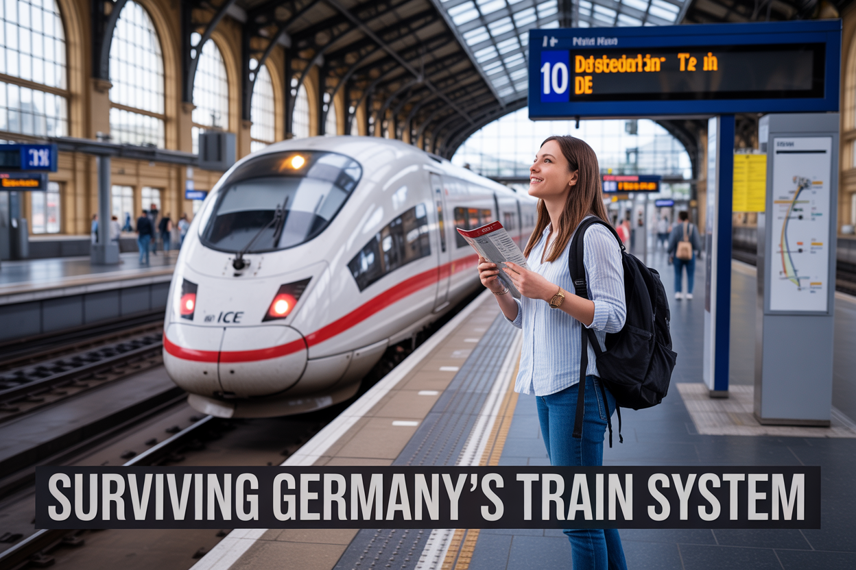 realistic image of a modern German ICE high-speed train pulling into a busy train station platform, with a white female traveler confidently looking at a digital train schedule board while holding a ticket and a backpack, the station interior featuring large arched windows with natural light streaming in, destination boards and train route maps visible in the background, a clean and vibrant atmosphere conveying efficiency and ease of travel, with bold white text overlay reading "Surviving Germany's Train System" placed at the bottom of the image.