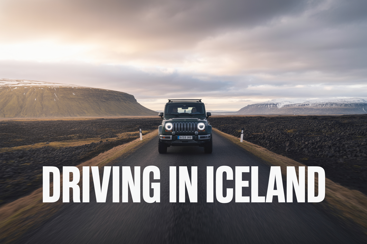 realistic image of a rugged 4x4 SUV rental car driving along a dramatic Icelandic road surrounded by vast volcanic black lava fields, snow-capped mountains, and a moody overcast sky with soft diffused natural light, the car positioned on a narrow highland road with no guardrails emphasizing the remote and adventurous feel of Iceland driving, with bold white text overlay reading "Driving in Iceland" in the lower third of the image.