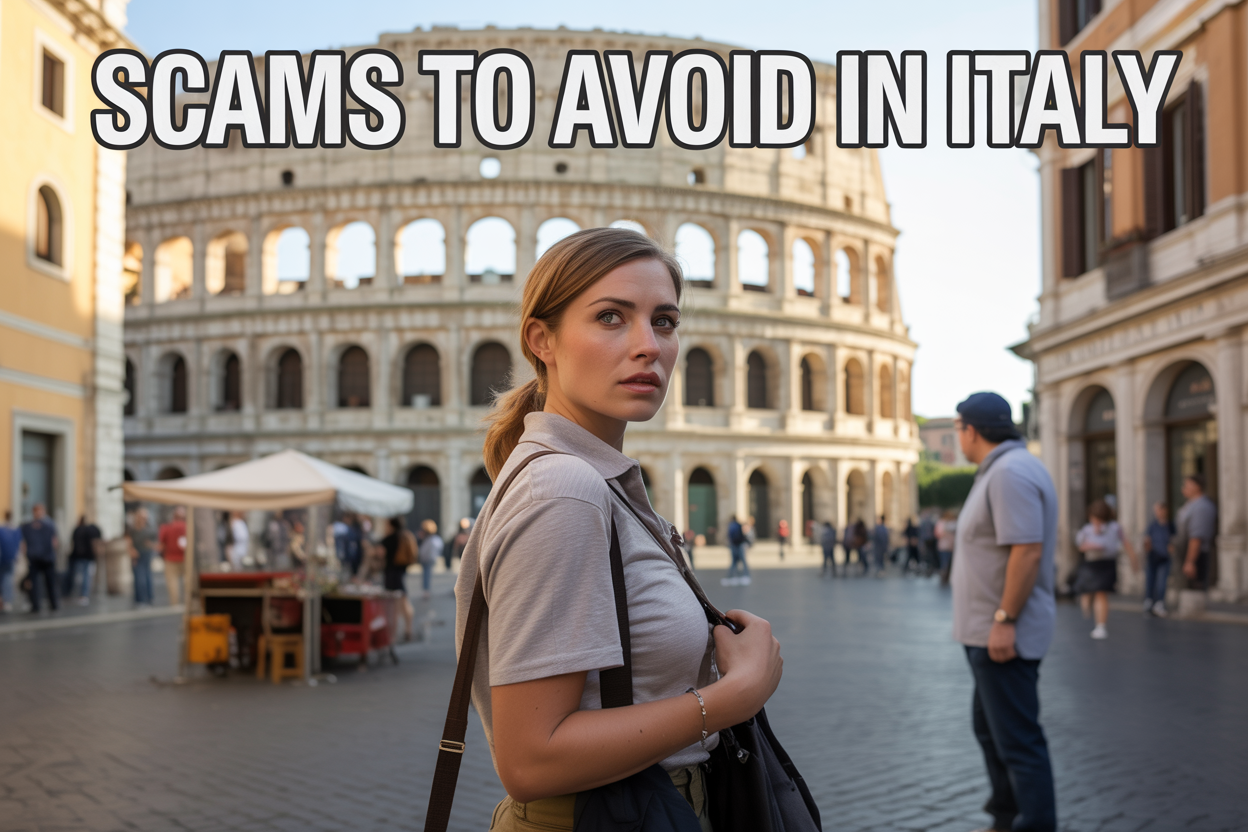 realistic image of a cautious white female tourist in casual travel attire standing in a iconic Italian piazza with the Colosseum visible in the background, looking alert and slightly suspicious at her surroundings, holding her bag close to her body, with subtle visual hints of scam scenarios slightly blurred in the background such as a street vendor and someone approaching with a bracelet, warm golden sunlight casting an Italian afternoon atmosphere, overlaid with bold white text reading "Scams to Avoid in Italy" positioned at the top of the image in a clean modern font.
