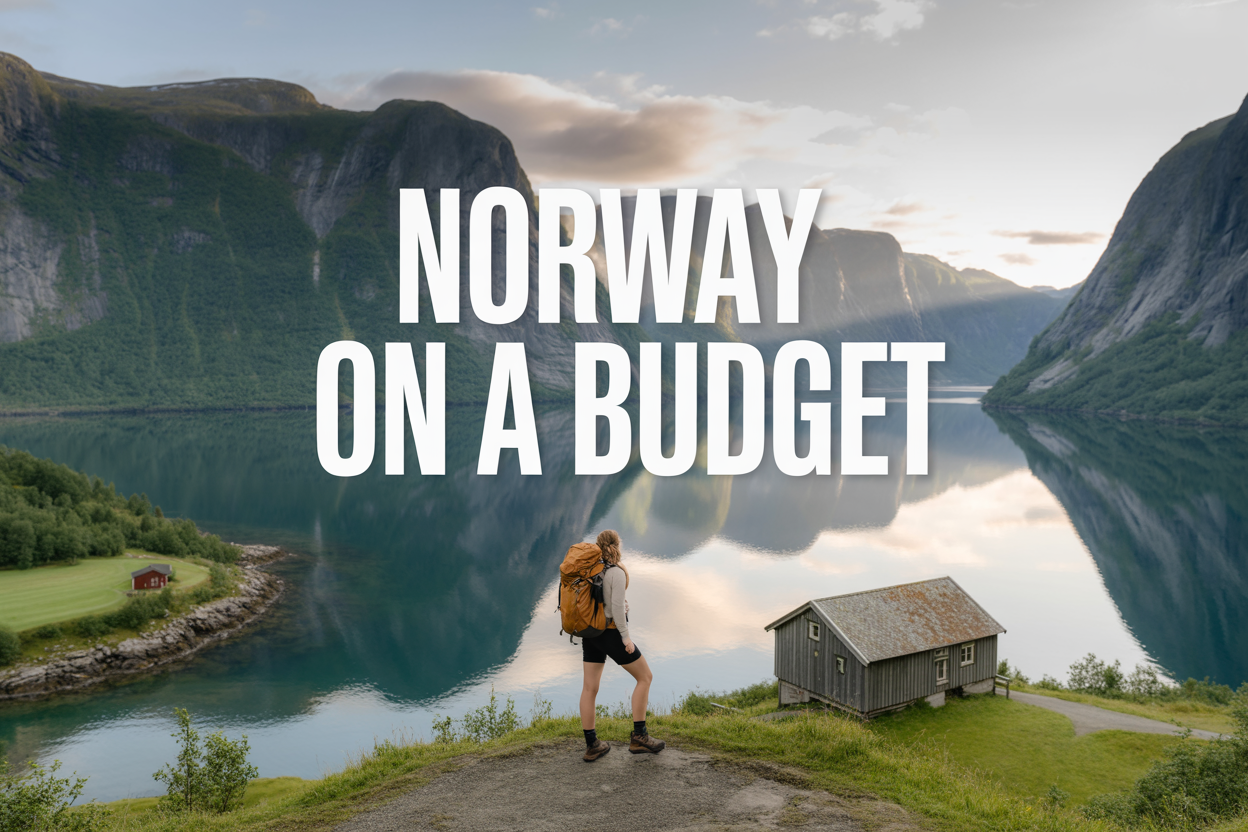 realistic image of a breathtaking Norwegian fjord landscape with dramatic green cliffs, calm reflective blue water, and a small rustic wooden cabin on the shoreline, with a budget-conscious traveler represented by a white female hiker with a backpack standing on a scenic viewpoint overlooking the fjord, the scene bathed in warm golden hour light with soft mist over the mountains in the background, and a bold overlaid text element reading "Norway on a Budget" in clean white modern font positioned in the upper portion of the image.