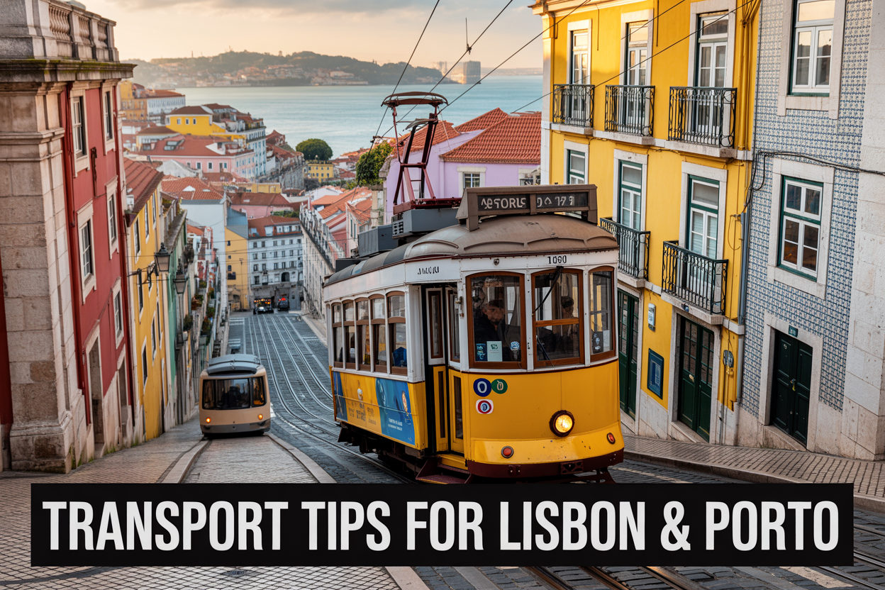 realistic image of a vintage yellow tram navigating a steep, narrow cobblestone street lined with colorful tiled buildings in Lisbon, Portugal, with the city's iconic red rooftops and the Tagus River visible in the background under warm golden afternoon light, complemented by a metro sign and a funicular cable car partially visible in the scene, evoking a charming yet practical travel atmosphere, with the bold text overlay "Transport Tips for Lisbon & Porto" displayed in clean white font at the bottom of the image.