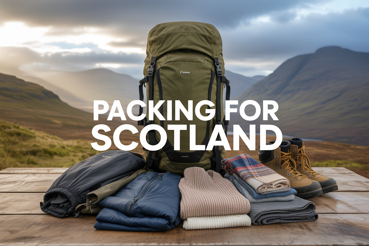 realistic image of an open travel backpack placed on a rustic wooden surface, surrounded by neatly arranged clothing items including a waterproof jacket, wool sweater, lightweight layers, a scarf, and sturdy hiking boots, with a dramatic Scottish Highland landscape in the background featuring moody clouds, a brief ray of sunshine, and a hint of rain, evoking all four seasons in one scene, with soft natural lighting that blends warm and cool tones, and bold white text overlay reading "Packing for Scotland" in a clean modern font.