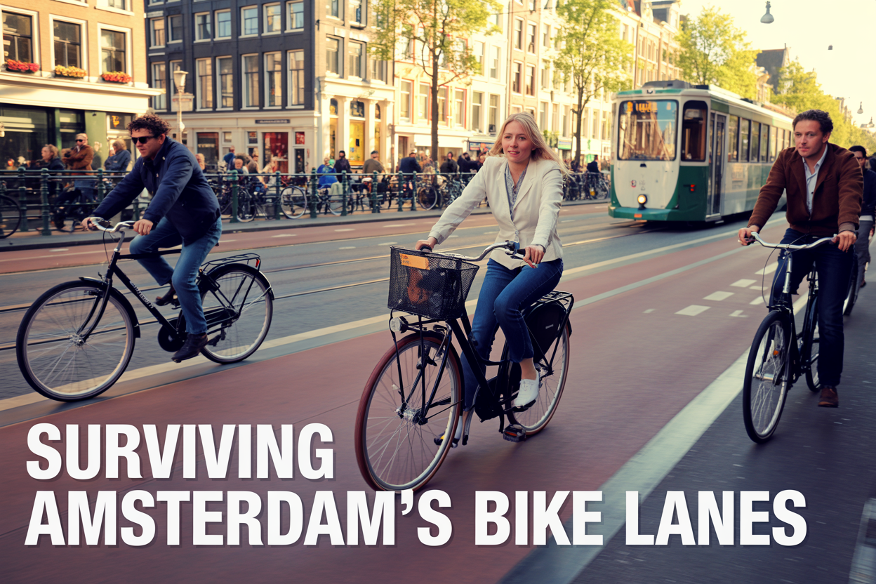 realistic image of a busy Amsterdam street scene with a clearly marked red bike lane in the foreground, featuring a white female tourist cautiously riding a classic Dutch city bike while looking slightly overwhelmed, surrounded by confident local cyclists, with iconic Amsterdam canal houses and a tram visible in the background, warm golden afternoon lighting casting a vibrant yet slightly hectic atmosphere, and bold white text overlay reading "Surviving Amsterdam's Bike Lanes" positioned at the bottom of the image.