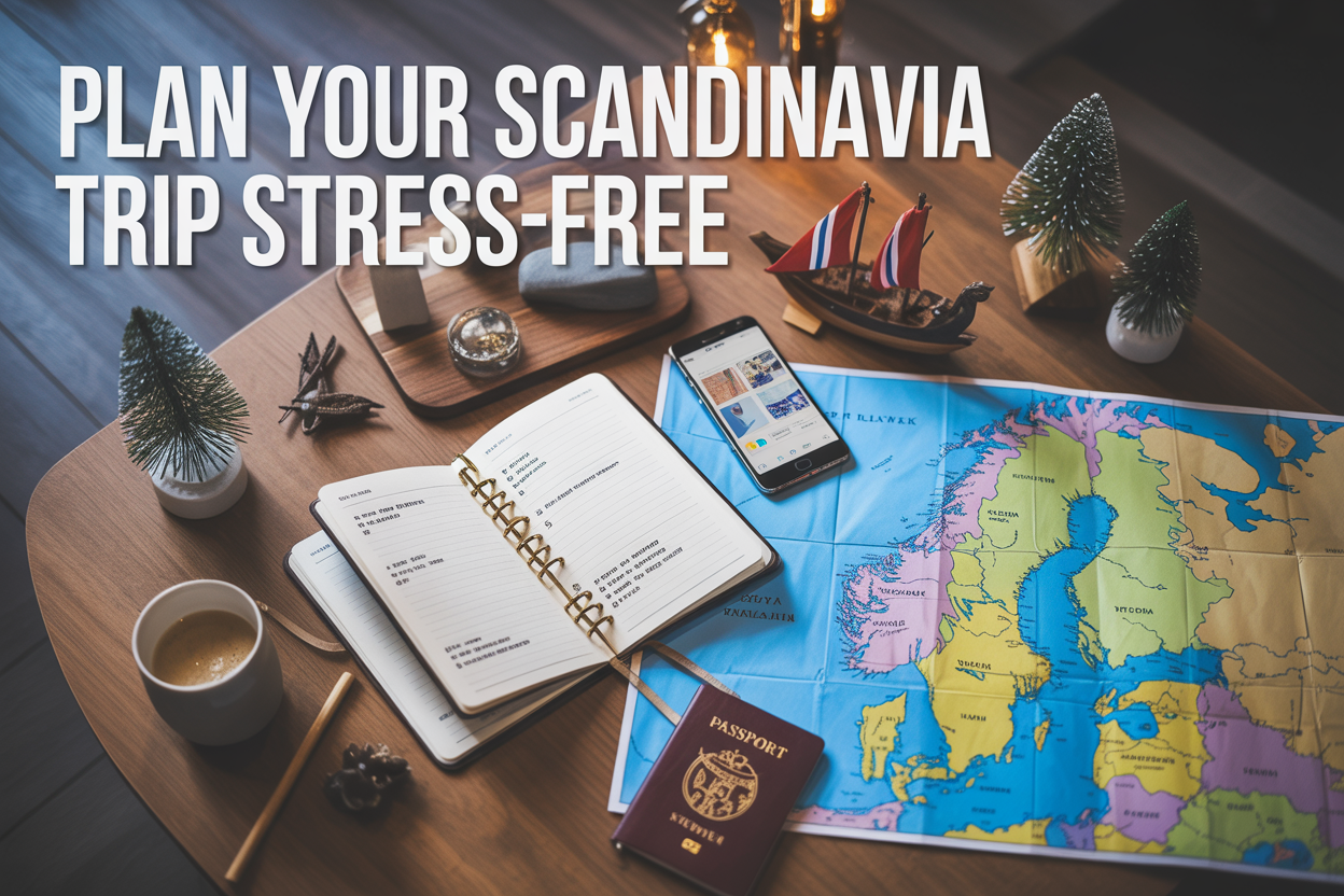 realistic image of a flat lay overhead shot of a wooden table with an open travel planner notebook, a detailed map of Scandinavia showing Norway, Sweden, and Denmark, a passport, a cup of coffee, and a smartphone displaying a travel app, with small decorative elements like a miniature Viking ship and pine tree figurines scattered around, warm and inviting lighting creating a cozy and organized travel planning atmosphere, with the on-image text "Plan Your Scandinavia Trip Stress-Free" displayed in clean white bold typography overlaid at the top of the image.