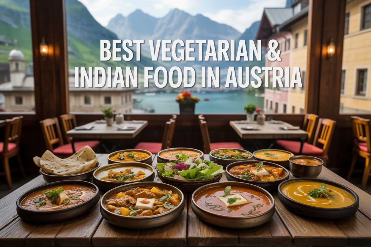realistic image of a beautifully arranged spread of colorful vegetarian and Indian dishes including dal, paneer curry, naan bread, and fresh vegetable plates displayed on a rustic wooden table, with a blurred background featuring iconic Austrian alpine scenery and traditional architecture visible through a restaurant window, warm and inviting lighting highlighting the vibrant colors of the food, with the on-image text "Best Vegetarian & Indian Food in Austria" elegantly overlaid in the upper portion of the image.