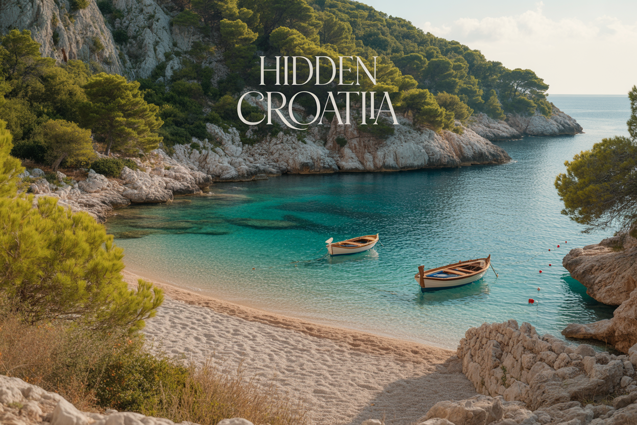 realistic image of a stunning, secluded Croatian cove with crystal-clear turquoise water surrounded by dramatic white limestone cliffs and lush Mediterranean vegetation, featuring a small empty pebble beach with no crowds, a few traditional wooden fishing boats gently floating near the shore, the scene bathed in warm golden afternoon sunlight creating a serene and tranquil atmosphere, with the text "Hidden Croatia" displayed in elegant white typography in the upper portion of the image.