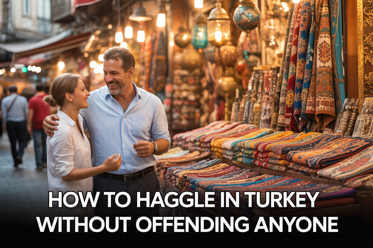 realistic image of a lively Turkish bazaar scene where a white female tourist and a middle-aged Turkish male vendor are engaged in a friendly negotiation over colorful handcrafted goods such as rugs, spices, and lanterns displayed on a wooden stall, both smiling and gesturing warmly, with warm golden lighting illuminating the vibrant market atmosphere filled with rich textures and exotic merchandise in the background, and bold text overlay reading "How to Haggle in Turkey Without Offending Anyone" in elegant white font at the bottom of the image.