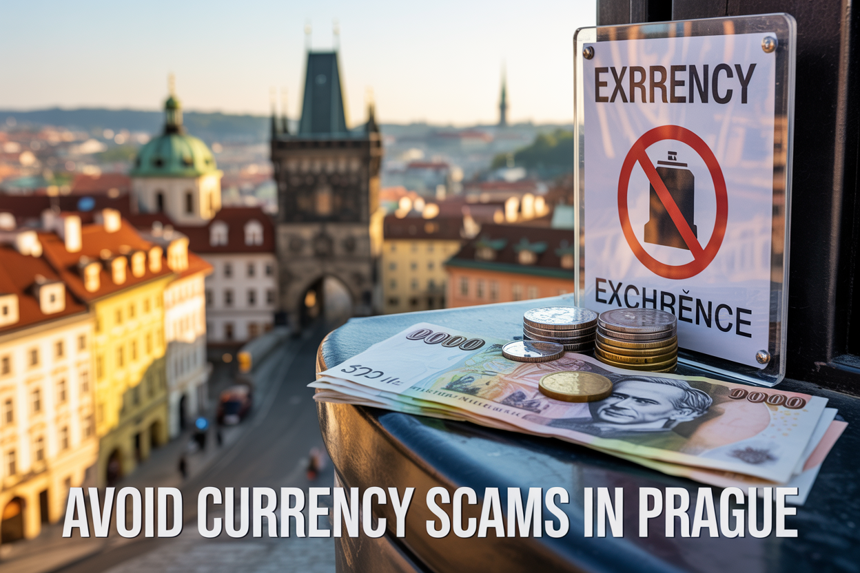 realistic image of a close-up scene showing Czech koruna banknotes and coins spread on a surface next to a small currency exchange booth sign, with a blurred Prague cityscape featuring historic architecture in the background, warm but cautious mood lighting, include a subtle red warning symbol or shield icon overlay, and bold on-image text that reads "Avoid Currency Scams in Prague" in clean white font positioned at the bottom of the image.