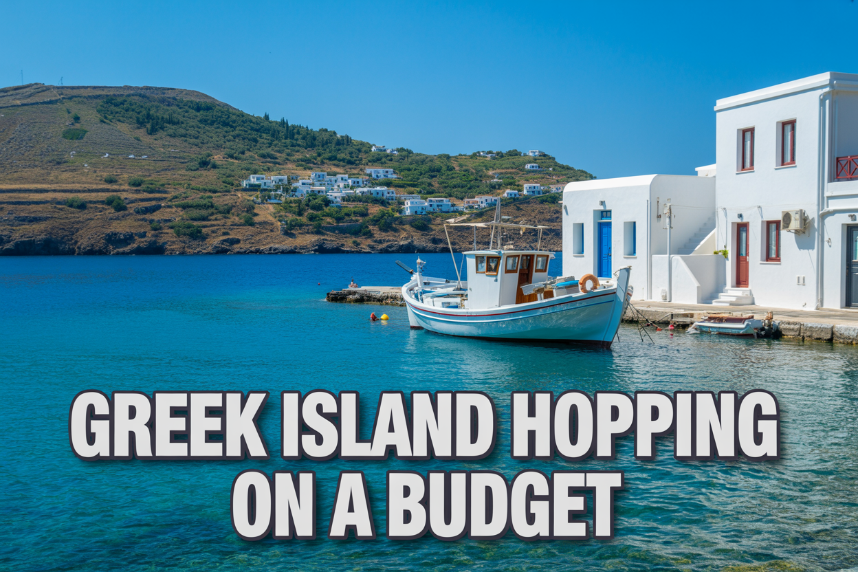 realistic image of a stunning Greek island coastline featuring crystal-clear turquoise waters, white-washed buildings with colorful doors, and a small traditional fishing boat docked at a quiet harbor, with lush green hills in the background under bright Mediterranean sunlight, conveying an affordable yet beautiful travel destination feel, with the on-image text "Greek Island Hopping on a Budget" displayed in bold white letters with a subtle shadow overlay at the bottom of the image.